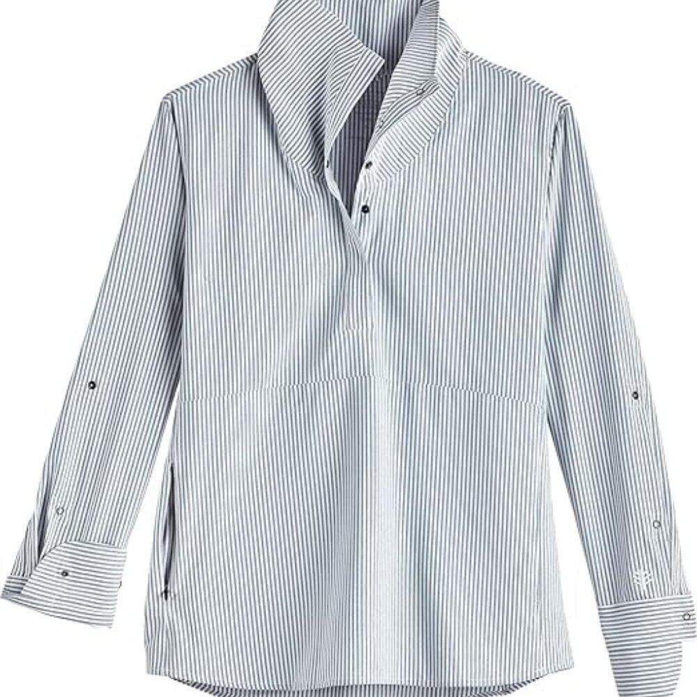 Coolibar Catona blue & white stripe Funnel Neck Tunic Top size small upf 50